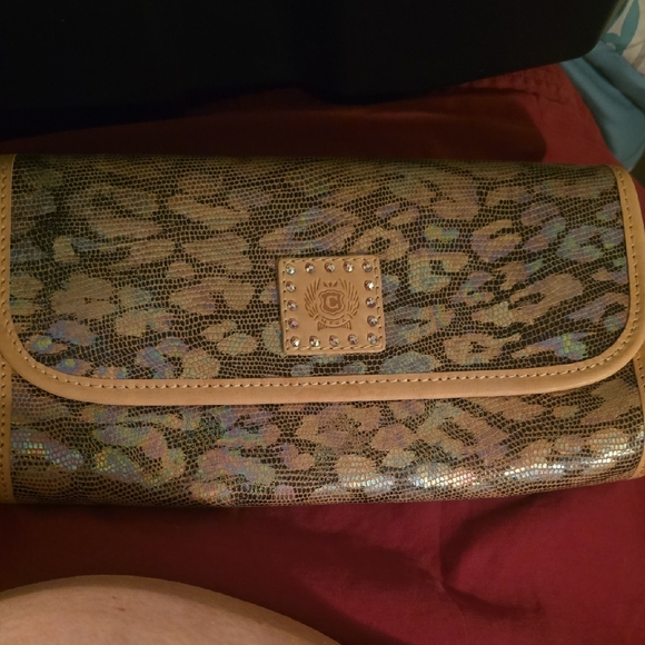 Consuela Gold and Tan Clutch with Leopard Print - Picture 1 of 3